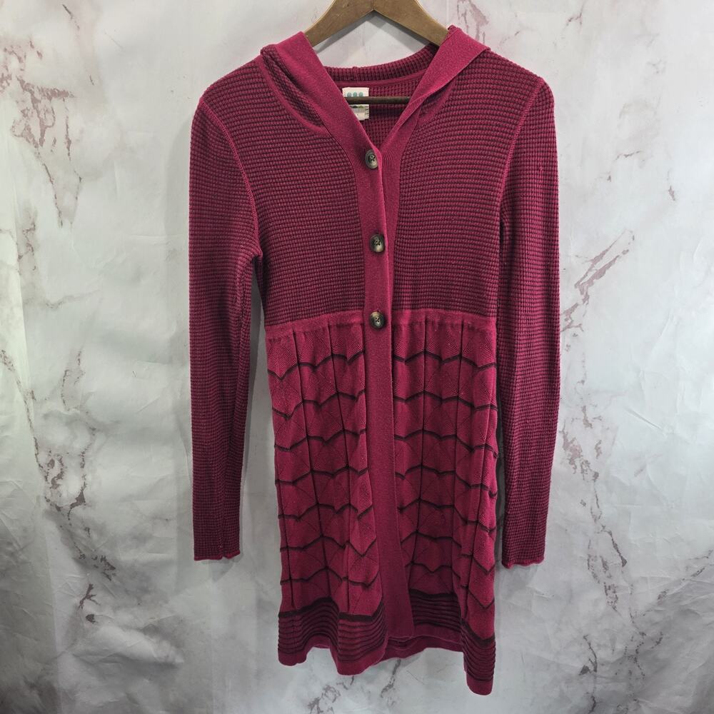Title Nine Sweater Womens Small Pink Wool Long Hooded Cardigan Open Striped
